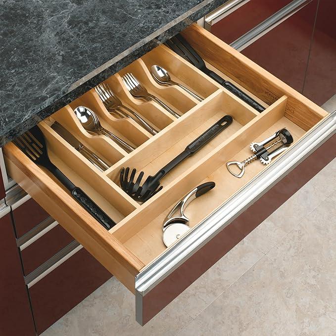 Rev-A-Shelf Trim-to-Fit Silverware Drawer Organizer for Kitchen Utensil Cutlery Cabinet Storage, Natural Maple Wood 9 Compartment Tray Insert, 4WCT-3 - ModernBath