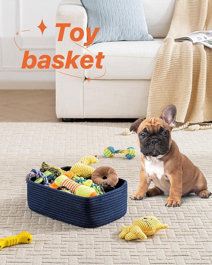 Small Woven Basket, 13.5 x 9.5 x 5 Inches, Storage Basket for Organizing, Cute Small Rope Shelf Closet Cube Storage Bins Baskets for Shelves, Dog Toy Gift Baskets Empty, 3 Packs, Navy Blue - ModernBath