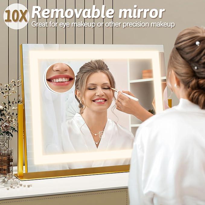 ROLOVE Vanity Mirror with Lights 22"x18", Lighted Makeup Mirror with 10X Magnification, Smart Touch 3 Colors Dimmable, 360° Rotation, Women Gift, Dresser Mount, Bathroom (Gold) - ModernBath