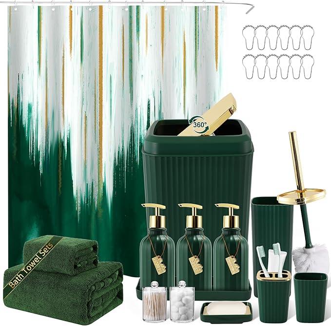 WSBArt 32PCS Bathroom Accessory Set Green Bathroom Accessories Bathroom Set, Shower Curtain Set, 2 Piece Bath Towel Set, 3PC Soap Dispenser, Toilet Brush & Trash Can - ModernBath