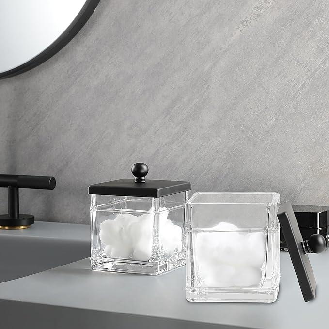 Indecor Home Glass Cotton Jar Holder 2 Pack– Matte Black Lid, Elegant Bathroom Storage Canister for Qtips, Cotton Balls, Floss, Makeup Organizer, Vanity & Bathroom Organization - ModernBath