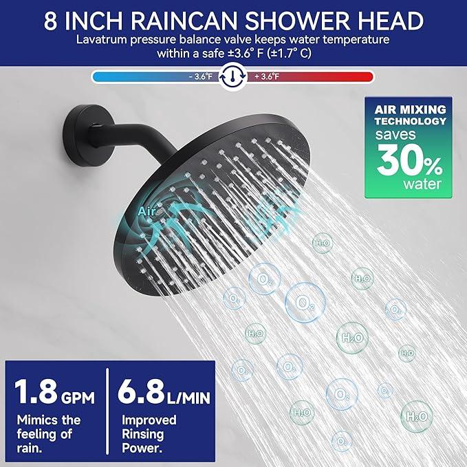 Lavatrum Black Shower Head and Handle Set Single Spray Premium Wall Mount 8 Inch Rainfall Round Shower Faucet with Rough-in Valve and Trim Kit for Bathroom（1.8GPM) - ModernBath