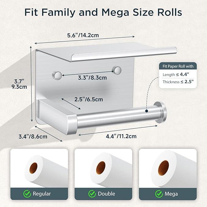FORIOUS Toilet Paper Holder with Shelf, Adhesive or Screw Wall Mount Toilet Roll Holder for Bathroom, Rustproof 304 Stainless Steel Commercial Toilet Tissue Holder with Storage, Brushed Nickel - ModernBath