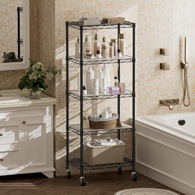 SINGAYE 5 Shelves Storage Shelf Wire Closet Bathroom Organizers Metal Pantry Kitchen Small Garage Shelving Unit Laundry Room Organization Home Narrow Rack Net Basket with Wheels Black - ModernBath