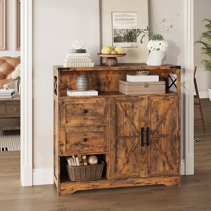 Fameill Farmhouse Storage Cabinet with Drawers and Open Storage,Freestanding Kitchen Pantry with 2 Barn Doors, Floor Cabinet with Adjustable Shelf for Living Room,Brown - ModernBath