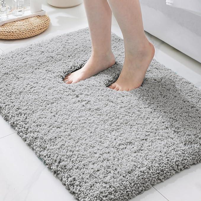 ILANGO Grey Bathroom Rugs 24" × 17" Small Non Slip & Super Absorbent Extra Thick Soft, Washable Bath Mat for Floor, Microfiber Plush Shaggy Bath Rug with Rubber for Bathtub Shower Room Sink - ModernBath