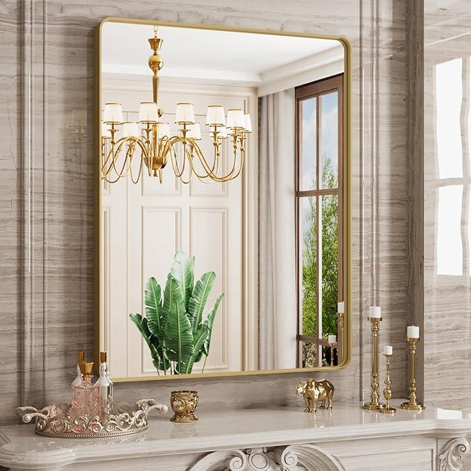 JISOSO Gold Bathroom Mirror, 28x36 Inch Brushed Gold Metal Frame Mirror for Wall, Rounded Rectangle Bathroom Vanity Mirror, Tempered Glass, Anti-Rust, Horizontal/Vertical - ModernBath