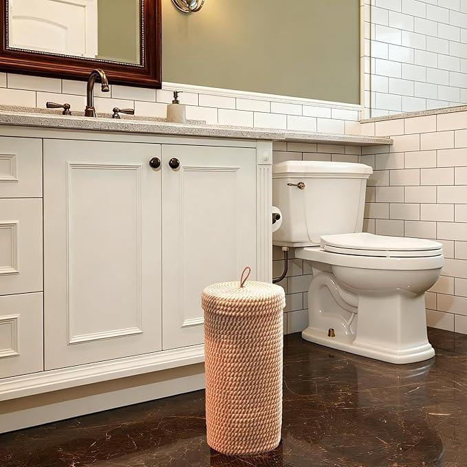 Toilet Paper Holder Handmade – Woven Toilet Paper Stand & Storage Basket with Lid, Cotton Freestanding Organizer for Bathroom, Fits 3 Rolls Cream Brown - ModernBath