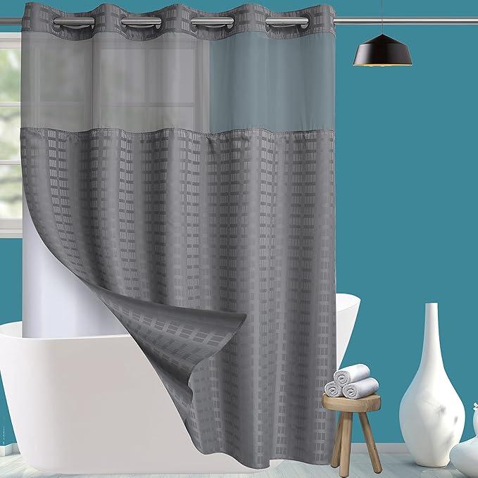 Conbo Mio No Hook Shower Curtain with Snap in Liner Set, Hotel Luxury Grey Shower Curtains for Bathroom with See Through Top Window, Waterproof, Washable 71W x 74H - ModernBath