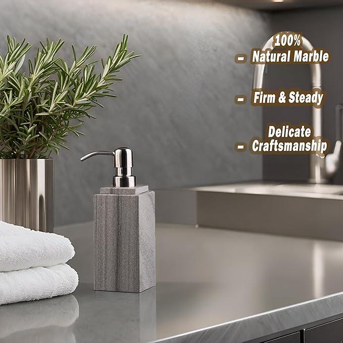Hand Liquid&Lotion Soap Dispenser Pump Bottle Natural Marble for Kitchen Bathroom Countertop Laundry Room Holds Dish Soap Shampoo Laundry Liquid Shower Gel (Grey Sand) - ModernBath