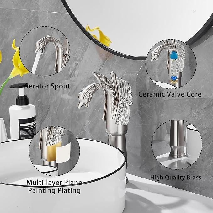 GGStudy Brushed Nickel Swan Shape Single Handle 1Hole Bathroom Vessel Sink Faucet Deck Mount Lavatory Sink Faucet - ModernBath