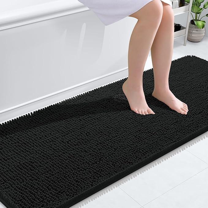 OLANLY Bathroom Rugs 70x24, Extra Soft Absorbent Chenille Bath Rugs, Rubber Backing Quick Dry, Machine Washable Bath Mats for Bathroom Floor, Tub and Shower, Home Decor Accessories, Black - ModernBath