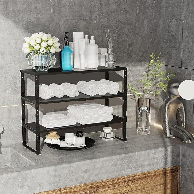 Expandable Cabinet Shelf Organizer Storage Spice Rack Shelves for Kitchen Stackable Adjustable Pantry Cupboard Bathroom Countertop Desktop(2Packs/Black/Large) - ModernBath