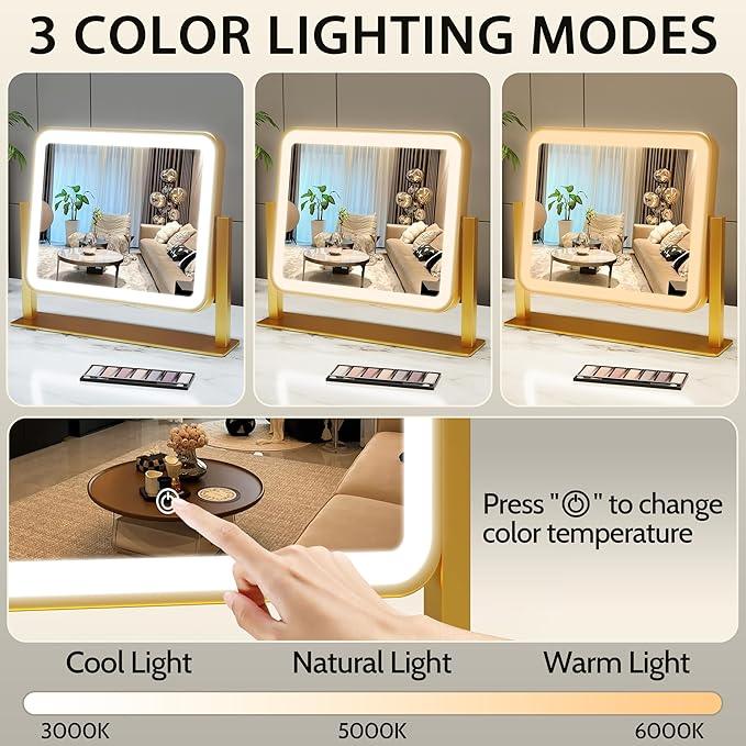 ROLOVE Gold Lighted Makeup Mirror, 14"x12" Vanity Mirror with Smart Touch Control, 3-Color Dimmable Lighting, 360° Rotation for Desk or Bedroom - ModernBath