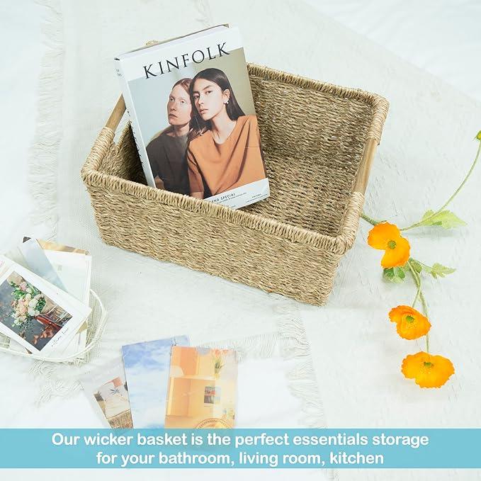 Large Wicker Storage Basket with Wooden Handles, Seagrass Basket for Shelves, Natural Wicker Bin With Handle for Storage 14.5 x 10.3 x 7.5 inches - ModernBath
