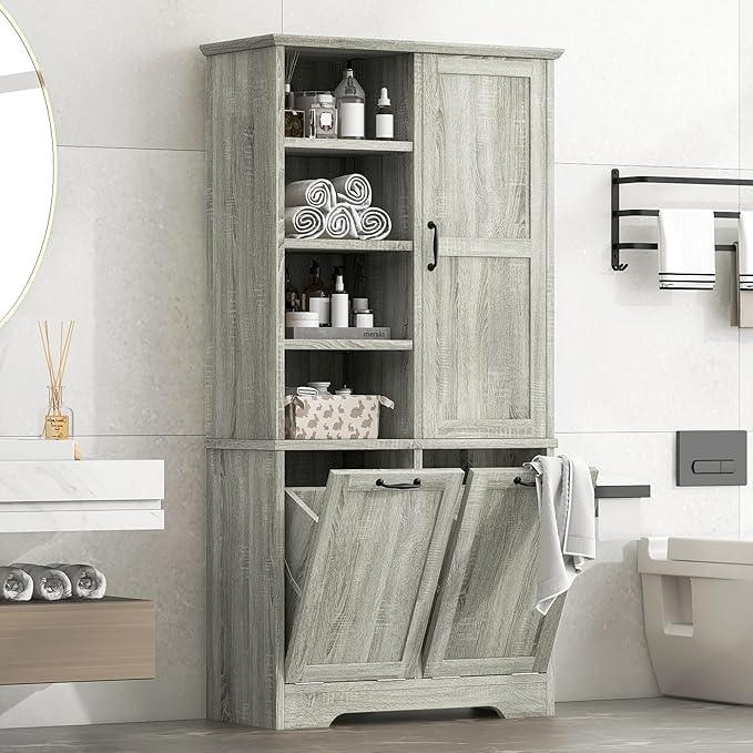 Bathroom Storage Cabinet with Doors and Drawers, Tilt-Out Laundry Hamper, Multiple Storage Space, Freestanding Style, Open Shelve, Adjustable Shelf (Oak) - ModernBath