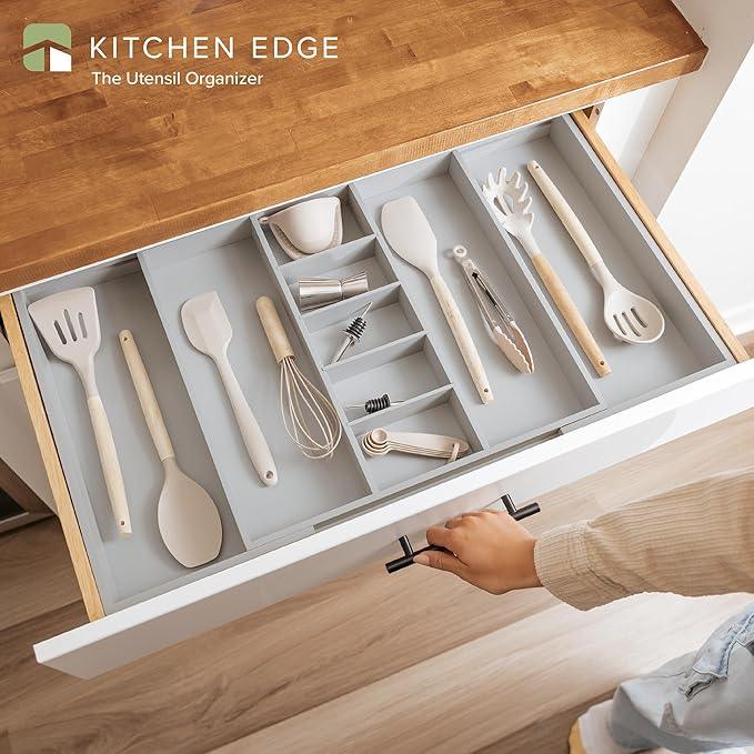KitchenEdge Adjustable Kitchen Drawer Organizer for Utensils and Junk, Food-Safe Contract Grade with 100% Sustainable Wood, Expandable from 19 to 33 Inches Wide - Gray Bamboo - ModernBath