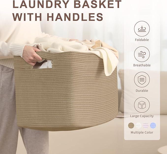 100L Extra Large Wicker Laundry Basket for Living Room Storage,Boho Woven Cotton Rope Baskets for Kids Toy,Gifts,Square Blanket Hamper for Bedroom Dirty Clothes,Jute - ModernBath