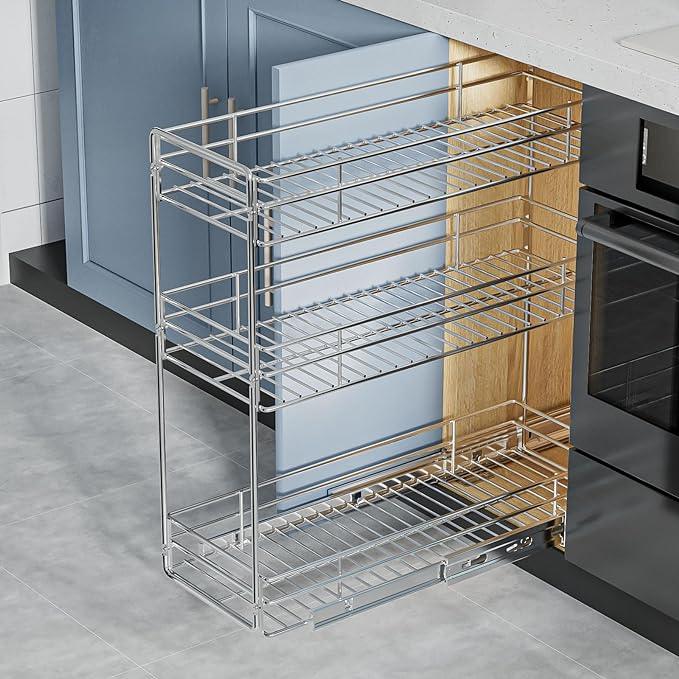 ROOMTEC Pull Out Spice Rack for Narrow Cabinet (8½" W X 20½" D),3 Tier Slide Out Cabinet Organizer and Pull Out Shelves Under Cabinet Storage for Kitchen, Chrome - ModernBath
