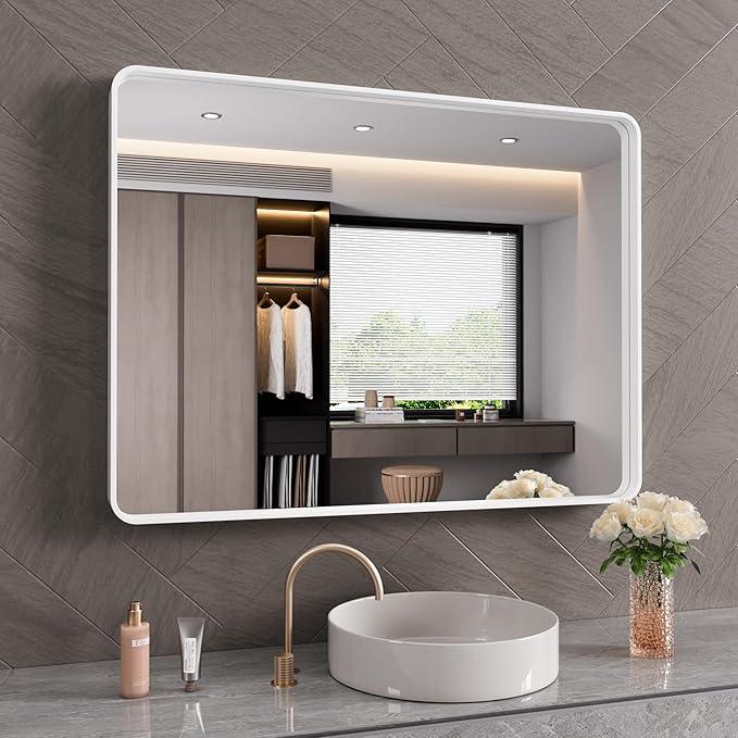 JISOSO White Bathroom Mirror 40x30 Inch, White Metal Framed Bathroom Mirror for Wall, Rounded Rectangle Matte Bathroom Vanity Mirror, Tempered Glass, Anti-Rust, Horizontal/Vertical - ModernBath