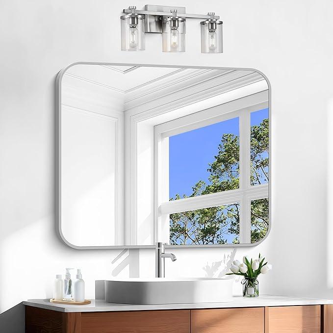 CIVENO Silver Bathroom Mirror, 30 x 36 Inch Metal Framed Silver Rectangle Mirror, Rounded Corner Rectangular Vanity Mirror, Wall Mounted Mirror for Living Room Bedroom Entryway Horizontal/Vertical - ModernBath