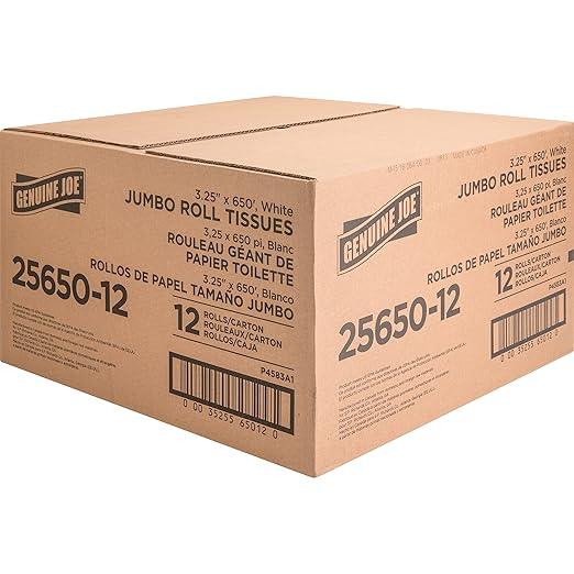 Genuine Joe Jumbo Roll Bath Tissue - 2-Ply White Toilet Paper, 3.3" x 650' per Roll, 12 Count Bulk Pack, Recycled Fiber, Commercial Grade for Dispensers - ModernBath