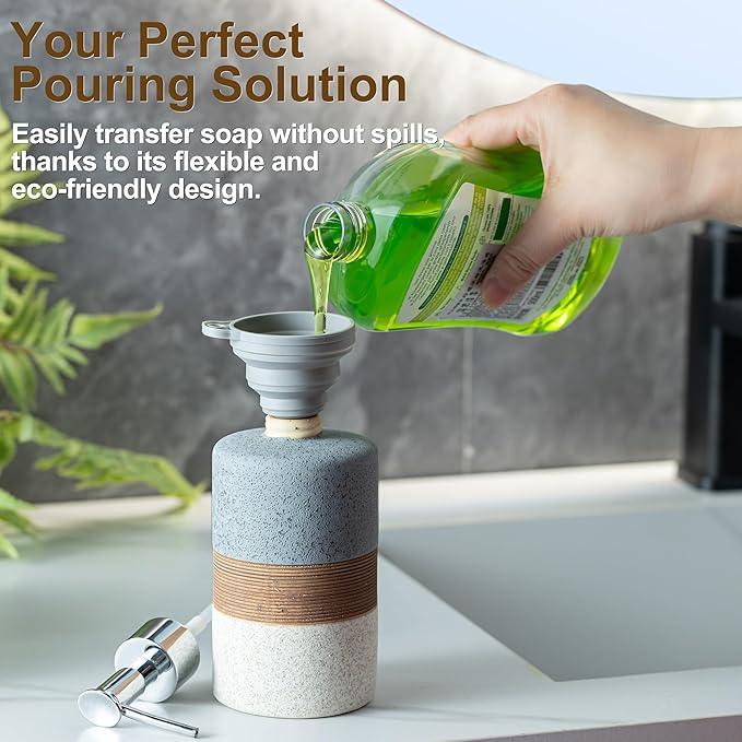 Cormomu Ceramic Soap Dispenser Set for Hand Soap, Shampoo, Dish Soap, Conditioner, Bathroom & Kitchen, Stainless Steel Pump, Includes Silicone Funnel, 12 Oz, Non-Slip, Elegant Kitchen Decor, Gray - ModernBath
