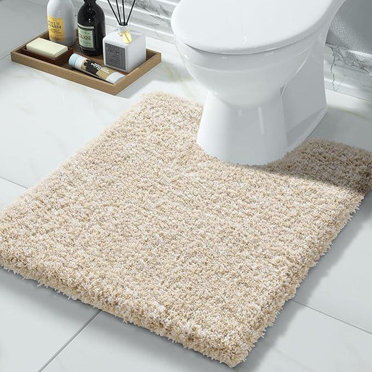 Yimobra Toilet Rugs U Shaped 24x20, Ultra Soft and Water Absorbent Bath Mats, Non Slip Fluffy Luxury Microfiber Contour Bath Rugs for Toilet, Dry Quick, Machine Washable, Light Beige and White - ModernBath