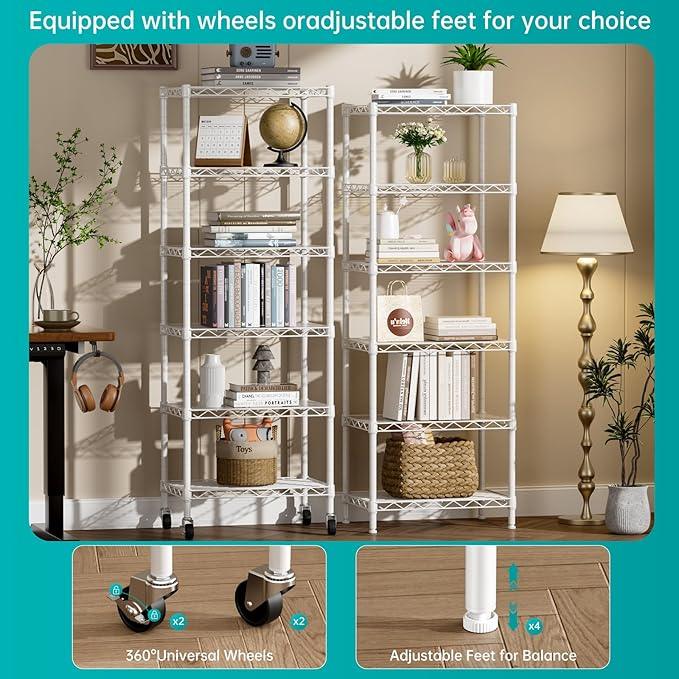 SINGAYE 6 Shelves Storage Shelf Wire Closet Bathroom Organizers Metal Pantry Kitchen Small Garage Shelving Unit Laundry Room Organization Home Narrow Rack Net Basket with Wheels White - ModernBath