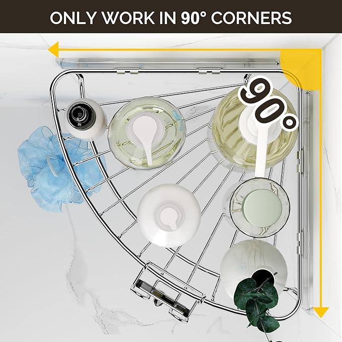 Orimade Corner Shower Caddy Stainless Steel with Hooks Wall Mounted Bathroom Shelf Storage Organizer Adhesive No Drilling 2 Pack, Silver Only for 90-Degree Corner - ModernBath