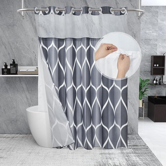 Yiatn Grey Blue No Hook Shower Curtain with Snap in Liner - Hotel Style with See Through Mesh Top Window, Modern Geometric Waterdrop Design,Waterproof and Washable,- 71x74 INCH - ModernBath