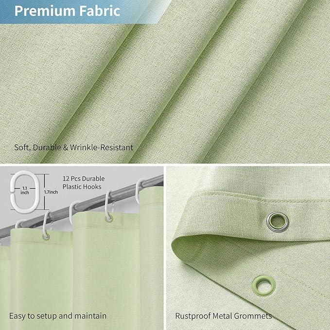 THAIGEE 2-in-1 Waterproof Long Fabric Shower Curtain or Liner,Linen Textured,78 Inch Breathable TPU & Washable Bathroom Shower Curtain Set with 12 Plastic Hooks,Modern,72"x78",Green - ModernBath