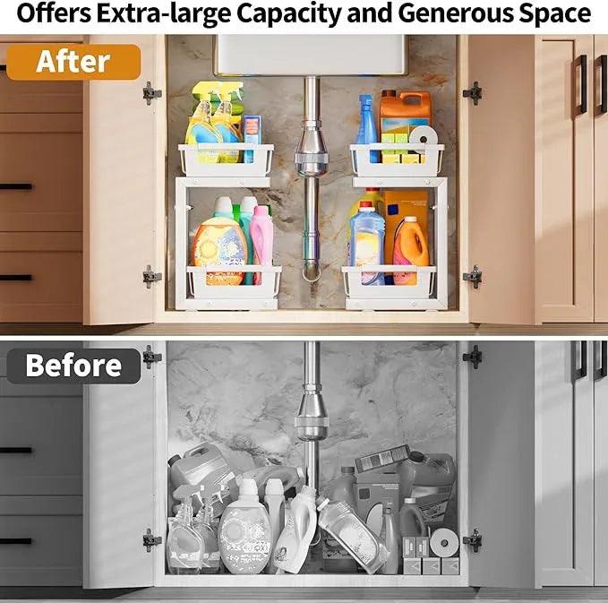 Under Sink Organizer 2 Pack, 2 Tier Adjustable Height Reinforced Carbon Steel Under Kitchen Bathroom Sink Storage Organizer, Smooth Pull-Out Under Sink Cabinet Rack Drawer Organizer, White - ModernBath