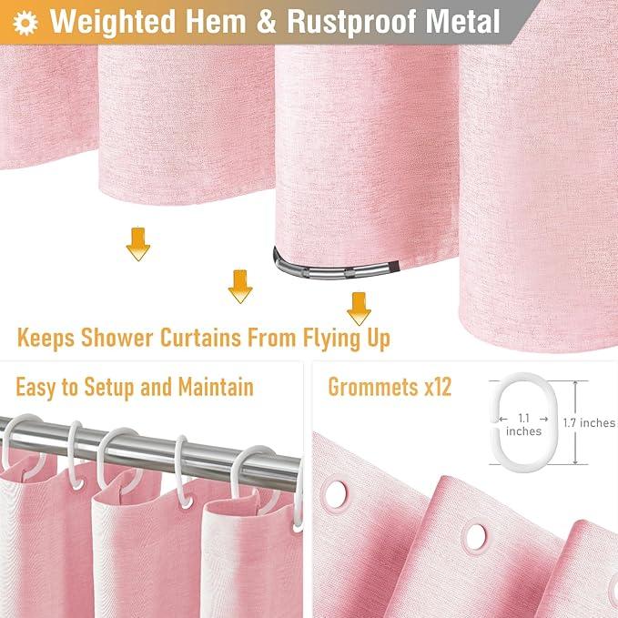 BTTN Extra Long Shower Curtain, 96 Inch Linen Textured Heavy Duty Fabric Shower Curtain Set with 12 Plastic Hooks, Large Luxury Decorative Polyester Cloth Shower Curtains for Bathroom, 72"x96", Pink - ModernBath