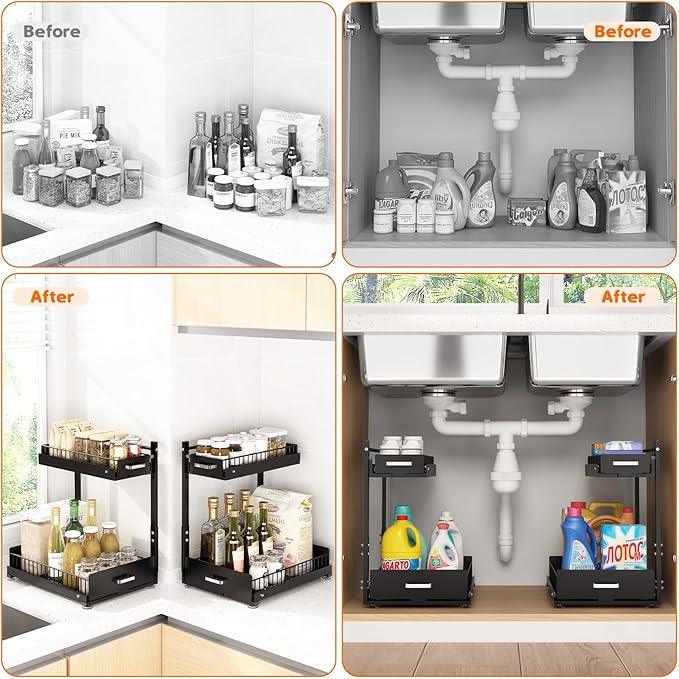 Under Sink Organizer,2 Tier Slide Out Kitchen Cabinet Organizers with Pulley,Under Bathroom Sink Pull Out Organizer with Multiple Height Adjustments for Kitchen and Bathroom Cabinets(Black) - ModernBath