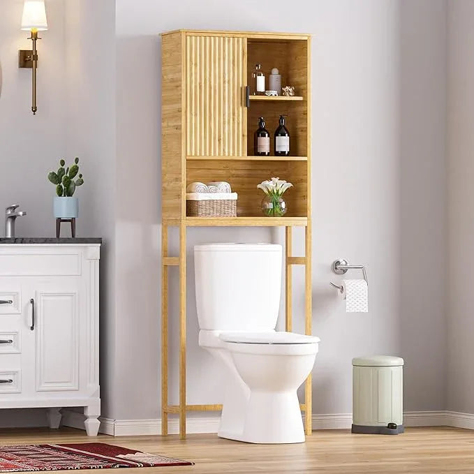 MUPATER 66.9” Bamboo Over The Toilet Storage Cabinet, Bathroom Space Saver, Bathroom Freestanding Over The Toilet with Open Storage, Natural - ModernBath