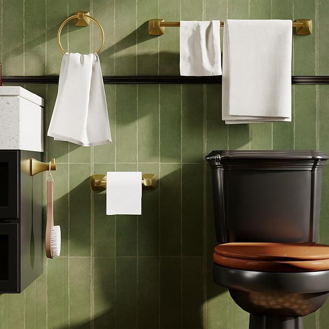Toilet Paper Holder Wall Mount Brushed Gold Double Post Pivoting Tissue Roll Holder Stainless Steel and Zinc Alloy for Bathroom RV Commercial - ModernBath