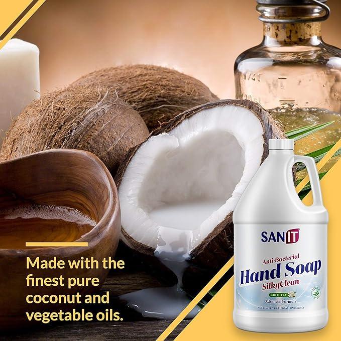 Sanit Silky Clean Antibacterial Liquid Gel Hand Soap Refill - Advanced Formula with Coconut Oil and Aloe Vera - All Natural Moisturizing Hand Wash - Made in USA, White Tea, 1 Gallon - ModernBath