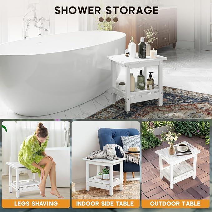 NALONE Shower Bench, HDPE Shower Benches with Storage Shelf & Handles, Indoor and Outdoor Use (White) - ModernBath