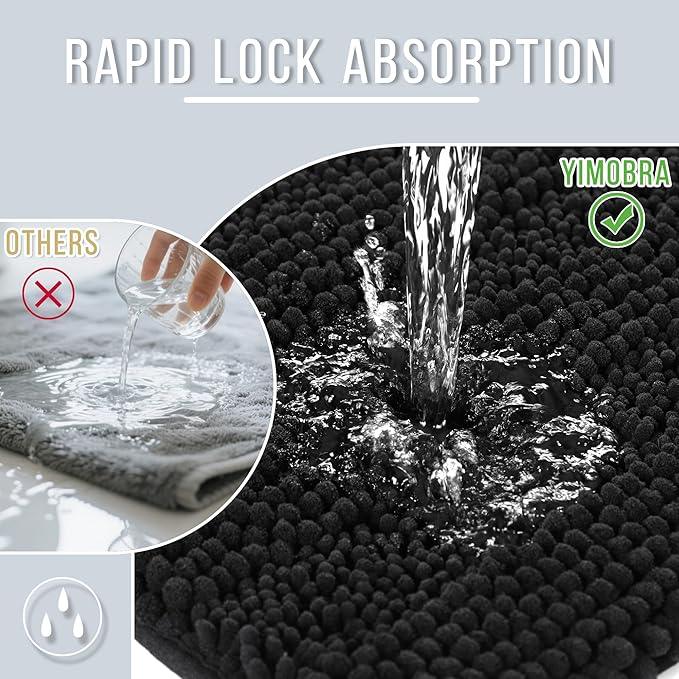 Yimobra Bathroom Rug Mat, Non Slip and Super Absorbent Bath Mat, Machine Washable Quick Dry, Ultra Plush Chenille Shower Rugs for Bathroom Floor Sink Tub and Shower Outside, Black, 24 x 17 - ModernBath