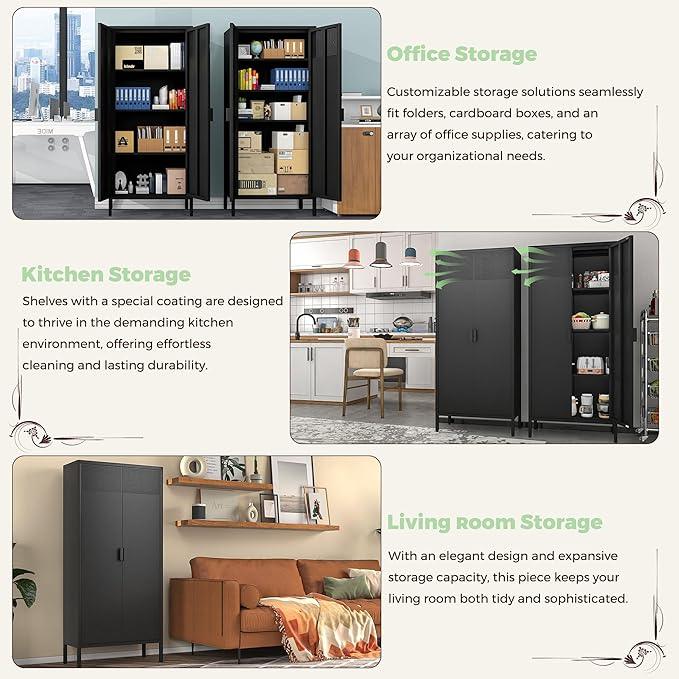 COFaR 4 Tier Black Metal Storage Cabinet, Free Standing with 2 Doors, 3 Adjustable Shelves and Legs, Cupboard Metal Cabinet for Living Room, Kitchen, Dining Room, Office - ModernBath
