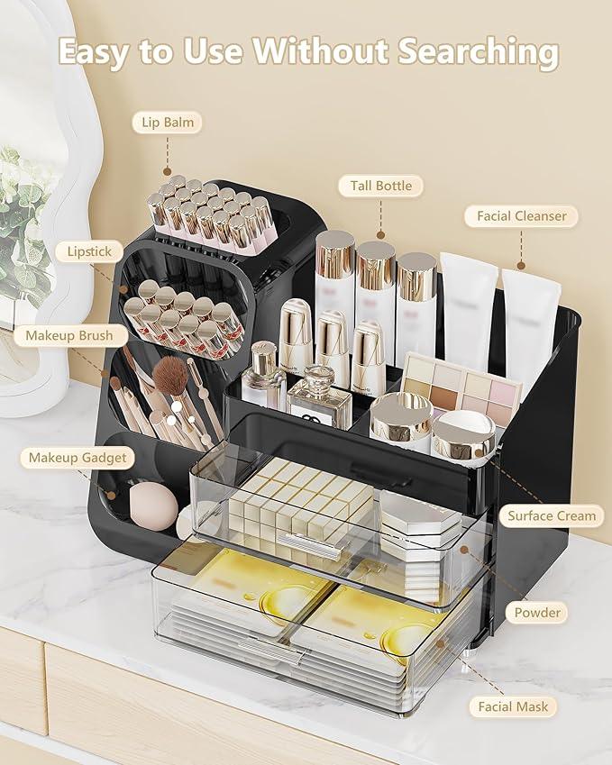 Anylady Makeup Organizer with Drawers, Skincare Organizer (Large Size Thick), Storage Box Cosmetic Display Cases, Make up Organizers for Vanity, Dresser, Desk, Kitchen, Countertop (black) - ModernBath