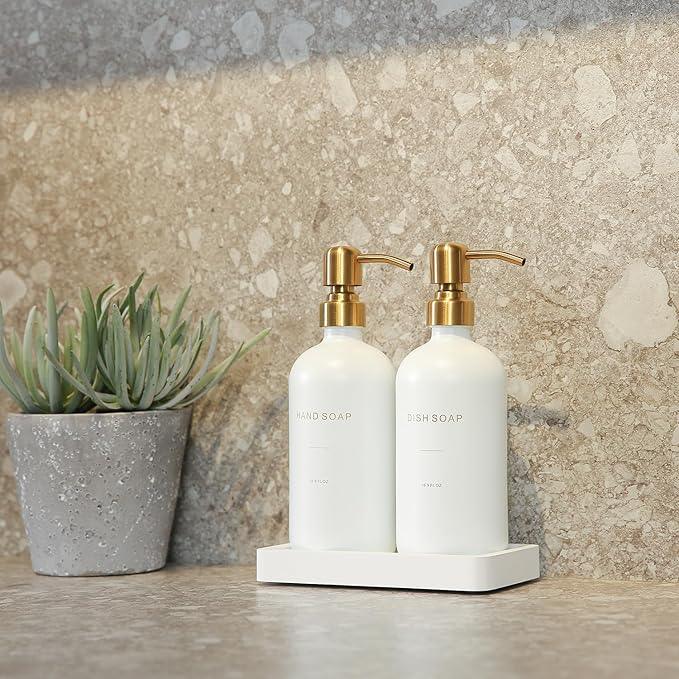 Prus Waso Gold Soap Dispenser Set, Glass Soap Dispenser with Stainless Steel Pump, Perfect for Modern Kitchen Counter Decor. (Gold) - ModernBath