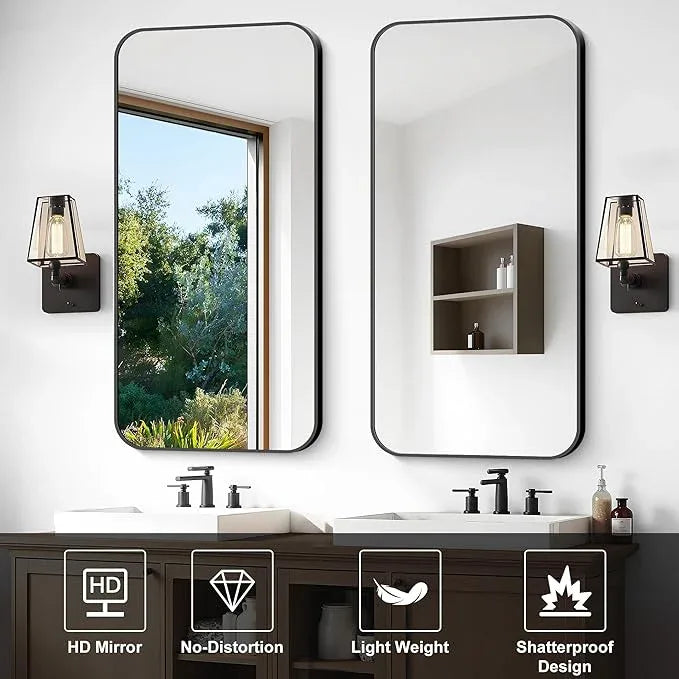 CIVENO Bathroom Mirror, 48 x 24 inch Black Rectangle Wall Mirror, Metal Framed Rectangular Vanity Mirror, Rounded Corner Wall Mounted Mirror for Modern Bedroom Living Room Horizontal/Vertical - ModernBath