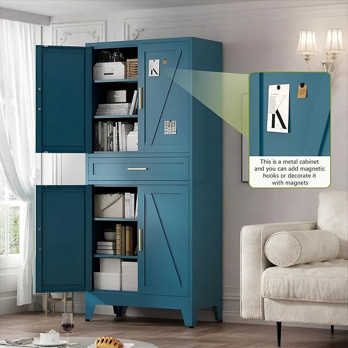 COFaR Farmhouse Storage Kitchen Pantry Cabinet with 4 Barn Door, 4 Adjustable Shelves, Drawer and Legs, for Cupboard/Dining Room/Bathroom/Living Room/Office/Laundry Room(Blue Green, 71" Metal Cabinet) - ModernBath