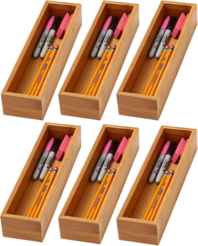 YBM Home Bamboo Drawer Organizer Storage Box for Kitchen Drawer, Junk Drawer, Office, Bedroom, Children Room, Craft, Sewing, and Bathroom, 6 Pack 3x12x2 inch - ModernBath