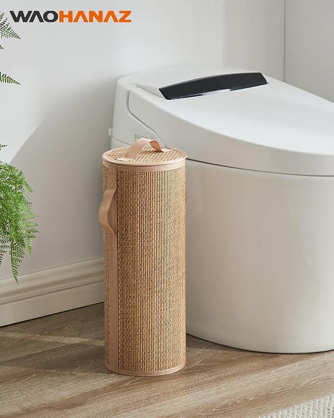 Bamboo Toilet Paper Storage Basket with Lid & Handle - 10L Handwoven Bathroom Organizer for 4 Rolls - Sturdy Stand Holder for Toilet Paper Organization, Carbon Brown - ModernBath