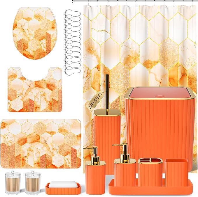 XLHOMO Bathroom Set - 26PC Bathroom Set with Shower Curtain and Rugs, Bathroom Accessory Set, Orange Bathroom Accessories Set, Trash Can & Soap Dispenser - ModernBath