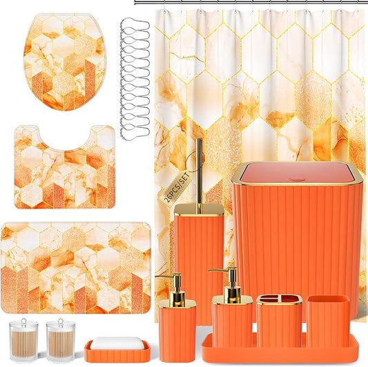 XLHOMO Bathroom Set - 26PC Bathroom Set with Shower Curtain and Rugs, Bathroom Accessory Set, Orange Bathroom Accessories Set, Trash Can & Soap Dispenser - ModernBath