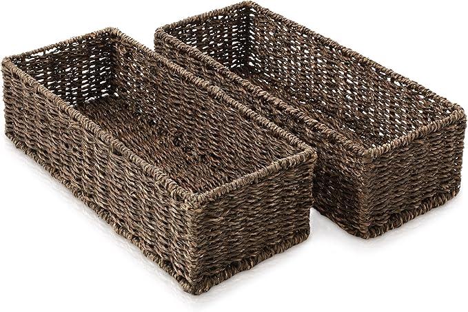 Casafield Set of 2 Bathroom Storage Baskets, Espresso - Seagrass, 16" W x 6.75" D x 4.25" H, Woven Toilet Tank Topper Bins for Organizing Tissues, Toilet Paper, Toiletries, Shelves - ModernBath